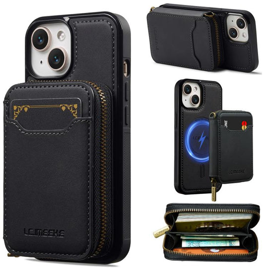 For iPhone 12 mini LC.IMEEKE L6 Series Zipper Card Bag MagSafe Magnetic Phone Case(Black)