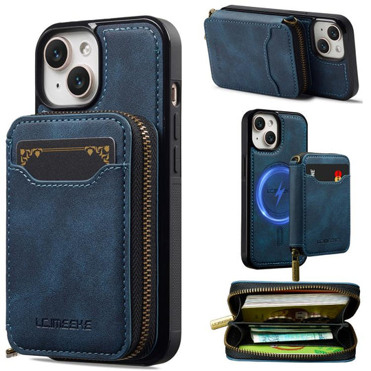 For iPhone 12 mini LC.IMEEKE L6 Series Zipper Card Bag MagSafe Magnetic Phone Case(Blue)