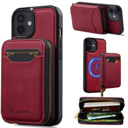 For iPhone 12 / 12 Pro LC.IMEEKE L6 Series Zipper Card Bag MagSafe Magnetic Phone Case(Red)