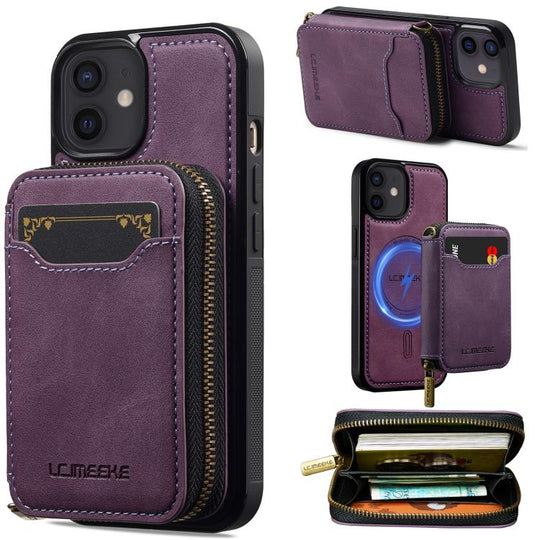 For iPhone 11 LC.IMEEKE L6 Series Zipper Card Bag MagSafe Magnetic Phone Case(Purple)