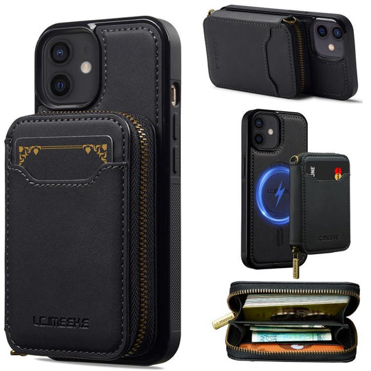 For iPhone 11 LC.IMEEKE L6 Series Zipper Card Bag MagSafe Magnetic Phone Case(Black)