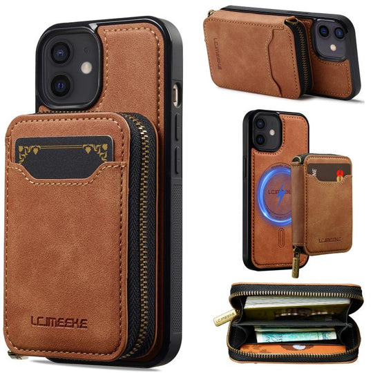 For iPhone 11 LC.IMEEKE L6 Series Zipper Card Bag MagSafe Magnetic Phone Case(Brown)