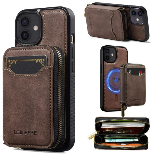 For iPhone 11 LC.IMEEKE L6 Series Zipper Card Bag MagSafe Magnetic Phone Case(Coffee)