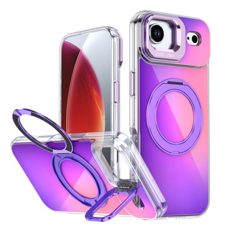 For iPhone 17 Air Gradient Discolor Rotating Holder Lens Kickstand Magsafe Phone Case(Purple) - iPhone Air Cases by buy2fix | Online Shopping UK | buy2fix