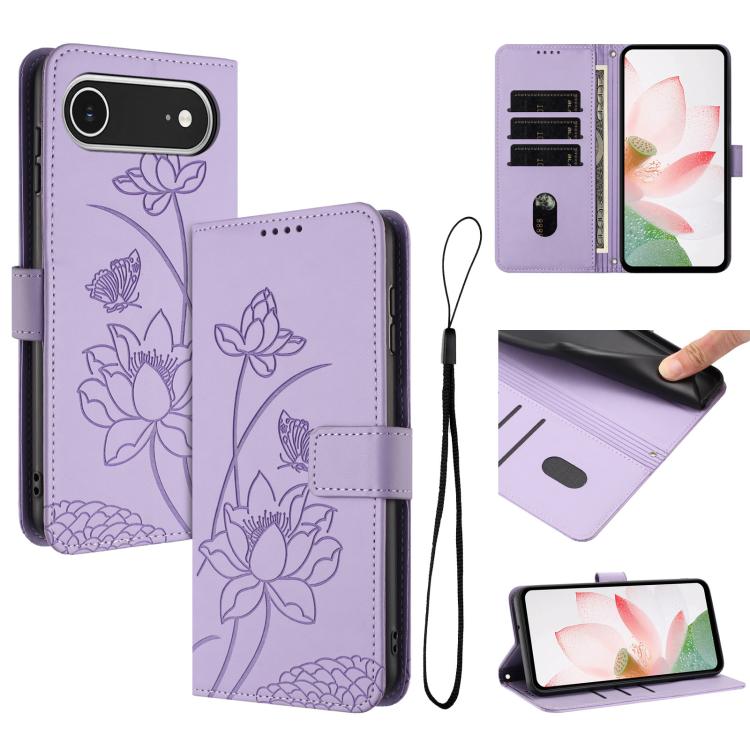 For iPhone  Air Lotus Embossed Leather Phone Case with Lanyard(Purple) - iPhone Air Cases by buy2fix | Online Shopping UK | buy2fix