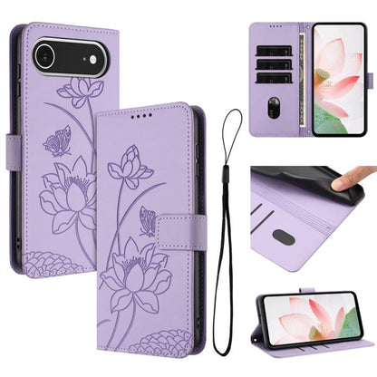 For iPhone  Air Lotus Embossed Leather Phone Case with Lanyard(Purple) - iPhone Air Cases by buy2fix | Online Shopping UK | buy2fix