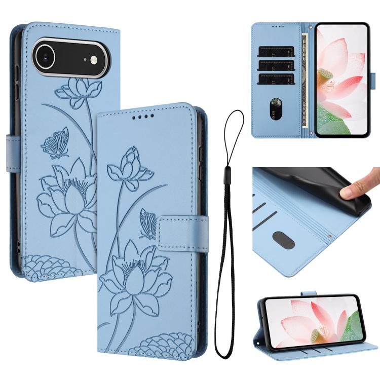 For iPhone  Air Lotus Embossed Leather Phone Case with Lanyard(Blue) - iPhone Air Cases by buy2fix | Online Shopping UK | buy2fix