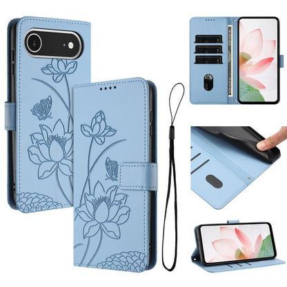 For iPhone  Air Lotus Embossed Leather Phone Case with Lanyard(Blue) - iPhone Air Cases by buy2fix | Online Shopping UK | buy2fix