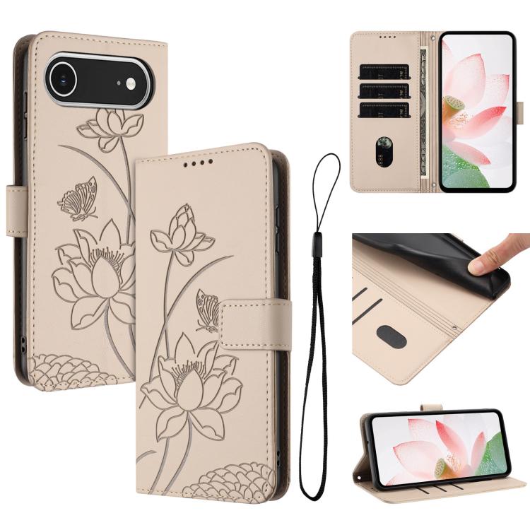 For iPhone  Air Lotus Embossed Leather Phone Case with Lanyard(Beige) - iPhone Air Cases by buy2fix | Online Shopping UK | buy2fix