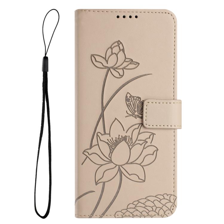For iPhone  Air Lotus Embossed Leather Phone Case with Lanyard(Beige) - iPhone Air Cases by buy2fix | Online Shopping UK | buy2fix