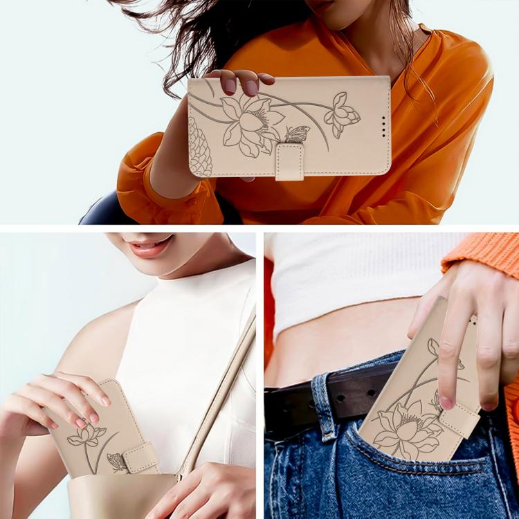 For iPhone  Air Lotus Embossed Leather Phone Case with Lanyard(Beige) - iPhone Air Cases by buy2fix | Online Shopping UK | buy2fix