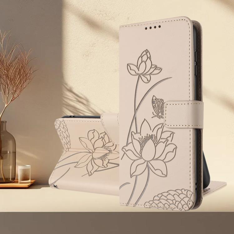 For iPhone  Air Lotus Embossed Leather Phone Case with Lanyard(Beige) - iPhone Air Cases by buy2fix | Online Shopping UK | buy2fix