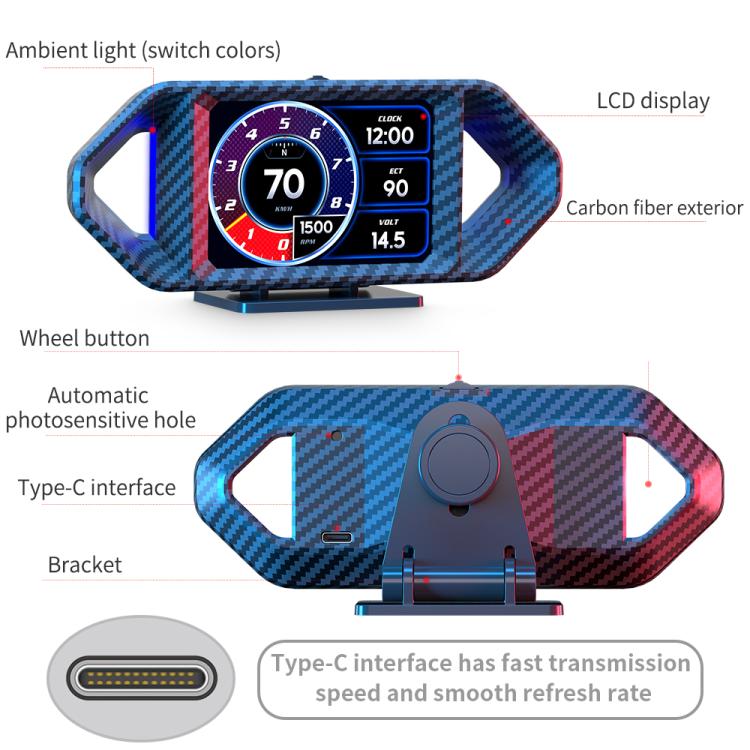 P26 Car HUD Head-Up Display Multi-function LCD OBD Smart Gauge Slope Meter Accelerometer(Carbon Fiber Texture) - Head Up Display System by buy2fix | Online Shopping UK | buy2fix