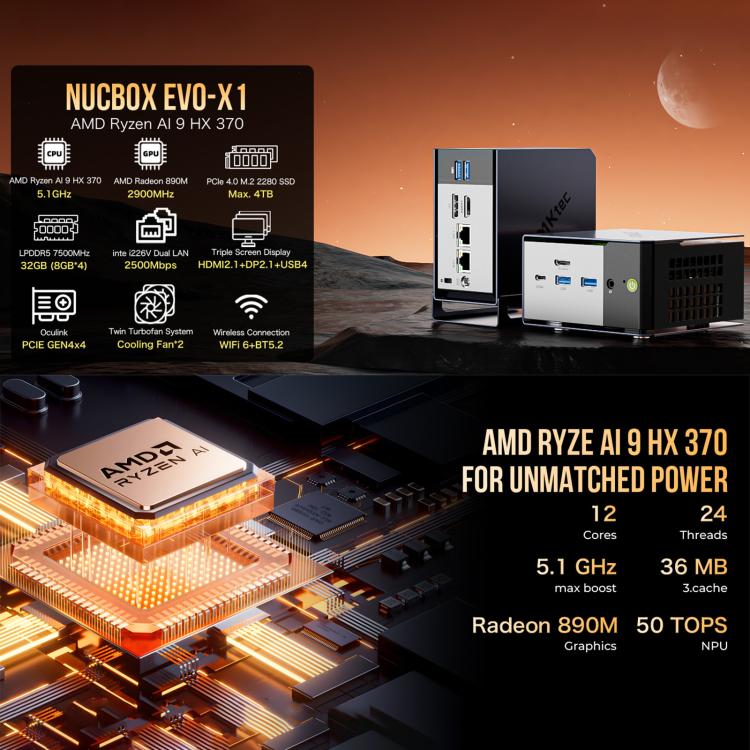 GMKtec EVO-X1 AI Mini PC, 32GB RAM + 1TB SSD, AMD Ryzen AI 9 HX 370, Radeon 890M, Oculink Port(UK Plug Black) - Barebone Mini PCs by GMKtec | Online Shopping UK | buy2fix