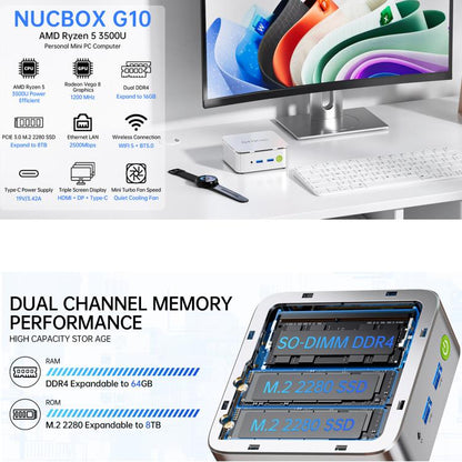 GMKtec NucBox G10 Mini PC, 16GB RAM + 1TB SSD, AMD Ryzen 5 3500U, Windows 11 Pro, WiFi, BT, HDTV, DisplayPort(UK Plug Sliver) - Barebone Mini PCs by GMKtec | Online Shopping UK | buy2fix