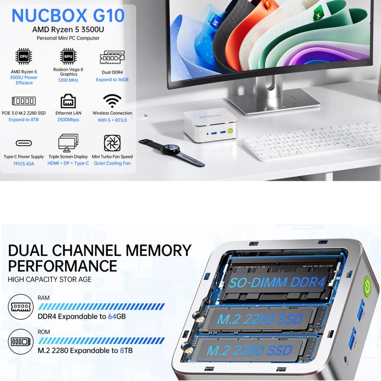 GMKtec NucBox G10 Mini PC, 16GB RAM + 512GB SSD, AMD Ryzen 5 3500U, Windows 11 Pro, WiFi, BT, HDTV, DisplayPort(UK Plug Sliver) - Barebone Mini PCs by GMKtec | Online Shopping UK | buy2fix