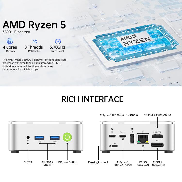 GMKtec NucBox G10 Mini PC, 16GB RAM + 1TB SSD, AMD Ryzen 5 3500U, Windows 11 Pro, WiFi, BT, HDTV, DisplayPort(EU Plug Sliver) - Barebone Mini PCs by GMKtec | Online Shopping UK | buy2fix