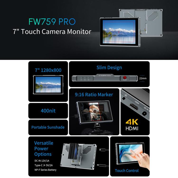 FEELWORLD FW759 Pro 7-inch Touch Screen Camera Field Video Monitor 4K HDMI-compatible 1280 x 800 IPS Screen(Black) - On-camera Monitors by FEELWORLD | Online Shopping UK | buy2fix