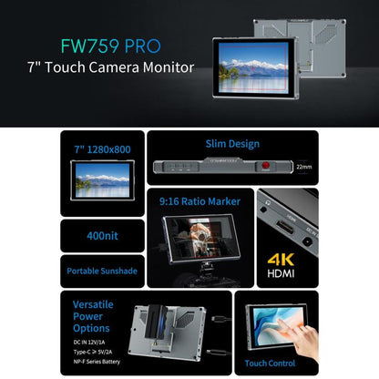 FEELWORLD FW759 Pro 7-inch Touch Screen Camera Field Video Monitor 4K HDMI-compatible 1280 x 800 IPS Screen(Black) - On-camera Monitors by FEELWORLD | Online Shopping UK | buy2fix