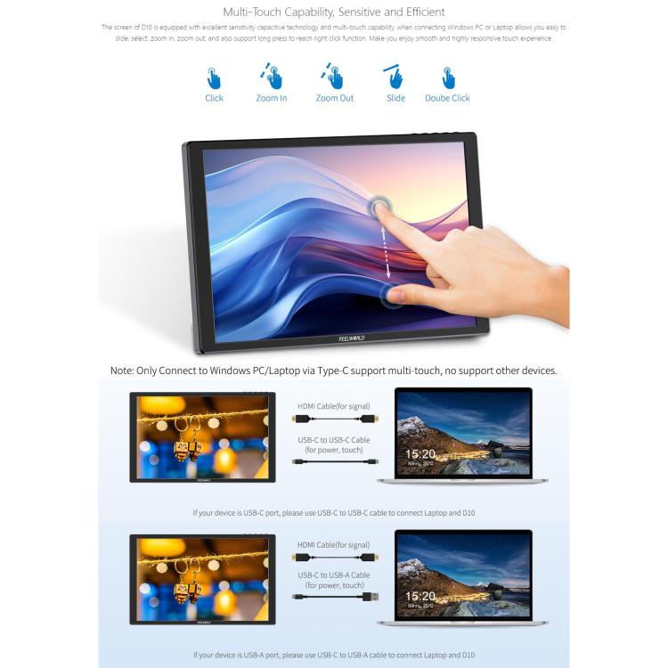 FEELWORLD D10 10.1 inch Portable External Monitor Touch FHD 1920 x 1200 USB-C HDMI-compatible Screen(Black) - On-camera Monitors by FEELWORLD | Online Shopping UK | buy2fix