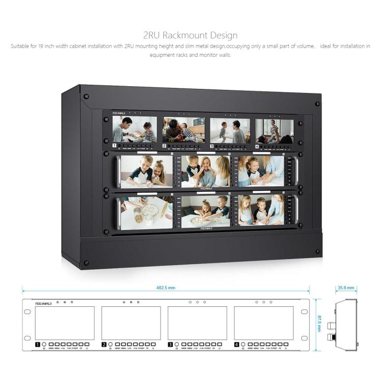 FEELWORLD Q41 Quad 4.5 inch 2RU Rackmount Monitor 3G-SDI 4K HDMI-compatible AV Input and Output, UK Plug(Black) - On-camera Monitors by FEELWORLD | Online Shopping UK | buy2fix