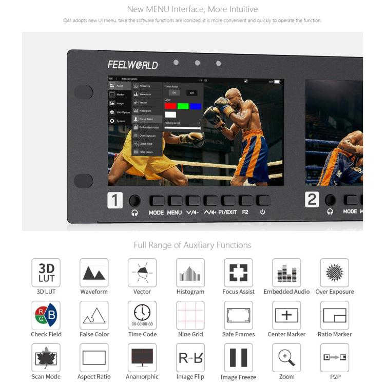 FEELWORLD Q41 Quad 4.5 inch 2RU Rackmount Monitor 3G-SDI 4K HDMI-compatible AV Input and Output, UK Plug(Black) - On-camera Monitors by FEELWORLD | Online Shopping UK | buy2fix