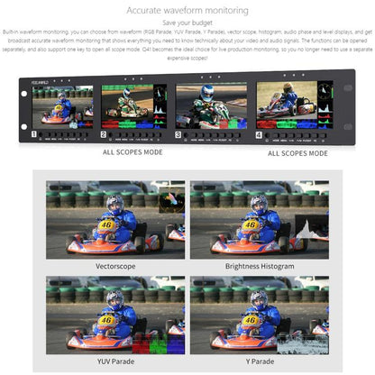 FEELWORLD Q41 Quad 4.5 inch 2RU Rackmount Monitor 3G-SDI 4K HDMI-compatible AV Input and Output, UK Plug(Black) - On-camera Monitors by FEELWORLD | Online Shopping UK | buy2fix