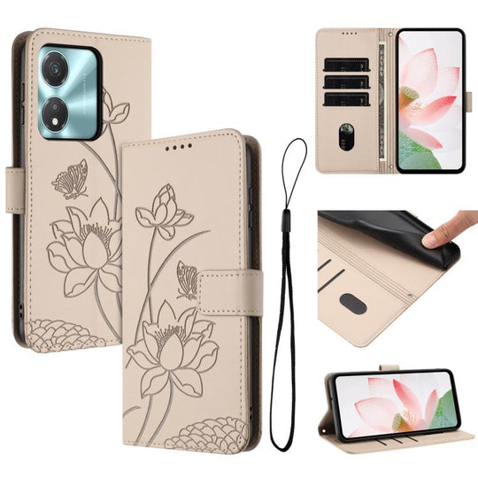 For Honor X5c Plus Lotus Embossed Leather Phone Case with Lanyard(Beige)