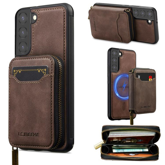 For Samsung Galaxy S22+ 5G LC.IMEEKE L6 Series Zipper Card Bag MagSafe Magnetic Phone Case(Coffee)