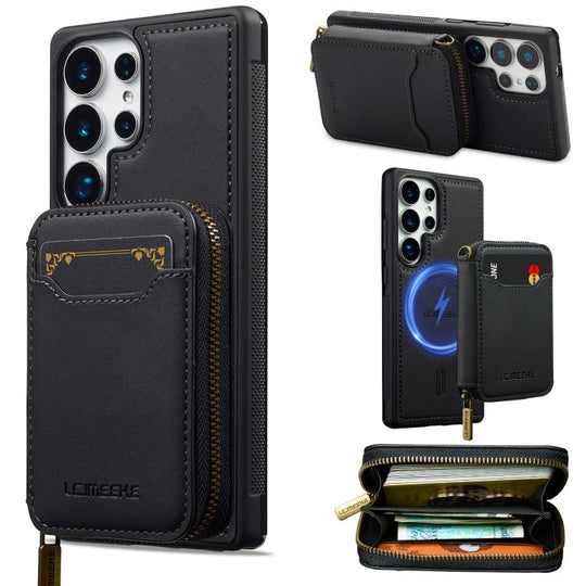 For Samsung Galaxy S25 Ultra 5G LC.IMEEKE L6 Series Zipper Card Bag MagSafe Magnetic Phone Case(Black)