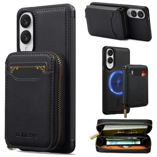 For Samsung Galaxy S25 Edge 5G LC.IMEEKE L6 Series Zipper Card Bag MagSafe Magnetic Phone Case(Black)