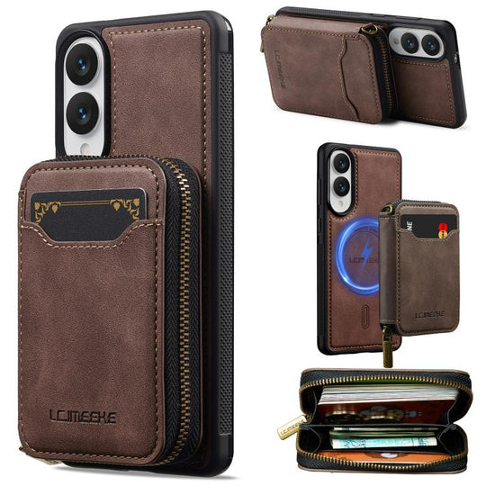 For Samsung Galaxy S25 Edge 5G LC.IMEEKE L6 Series Zipper Card Bag MagSafe Magnetic Phone Case(Coffee)
