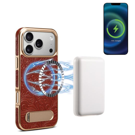 For iPhone 18 Pro / 17 Pro Denior A25 Retro Flower Texture MagSafe Genuine Leather Phone Case with Holder(Red)