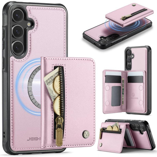 For Samsung Galaxy S25 FE 5G JEEHOOD J12 Exquisite RFID MagSafe Zipper Card Bag Phone Case(Pink)