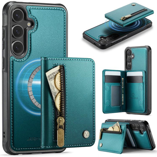 For Samsung Galaxy S25 FE 5G JEEHOOD J12 Exquisite RFID MagSafe Zipper Card Bag Phone Case(Green)