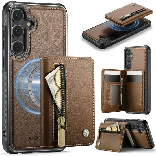 For Samsung Galaxy S25 FE 5G JEEHOOD J12 Exquisite RFID MagSafe Zipper Card Bag Phone Case(Brown)