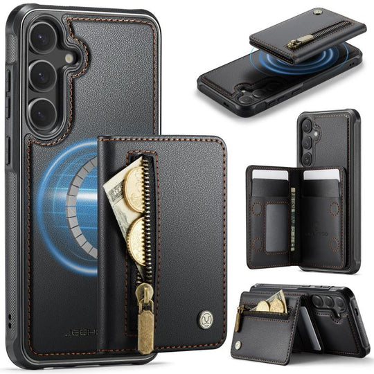 For Samsung Galaxy S25 FE 5G JEEHOOD J12 Exquisite RFID MagSafe Zipper Card Bag Phone Case(Black)