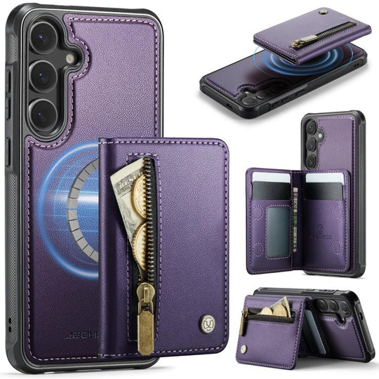 For Samsung Galaxy S25+ 5G JEEHOOD J12 Exquisite RFID MagSafe Zipper Card Bag Phone Case(Purple)
