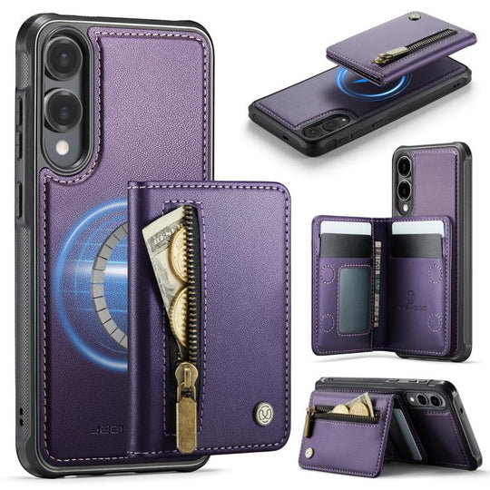 For Samsung Galaxy S25 Edge 5G JEEHOOD J12 Exquisite RFID MagSafe Zipper Card Bag Phone Case(Purple)