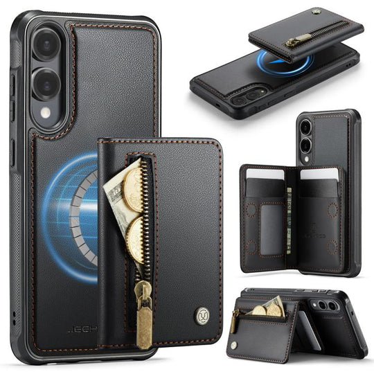 For Samsung Galaxy S25 Edge 5G JEEHOOD J12 Exquisite RFID MagSafe Zipper Card Bag Phone Case(Black)
