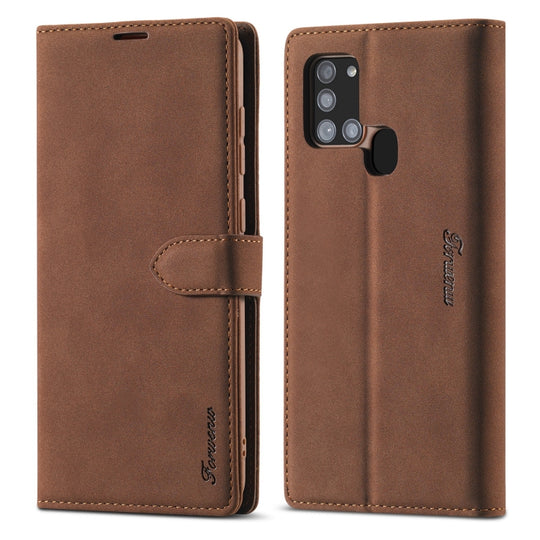 For Samsung Galaxy A21s Forwenw F1 Series Matte Strong Magnetism Horizontal Flip Leather Case with Holder & Card Slots & Wallet & Photo Frame(Brown)