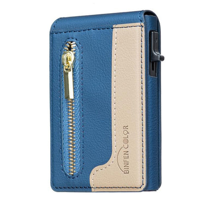 BFK31 Colorblock Zipper MagSafe Magnetic Leather Card Bag(Dark Blue) - Adhesive Card Holders by buy2fix | Online Shopping UK | buy2fix