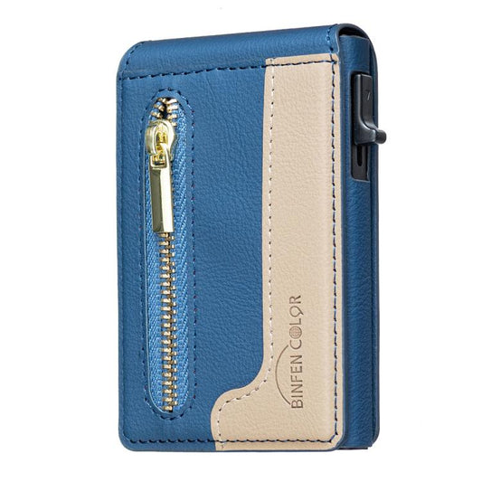 BFK31 Colorblock Zipper MagSafe Magnetic Leather Card Bag(Dark Blue) - Adhesive Card Holders by buy2fix | Online Shopping UK | buy2fix