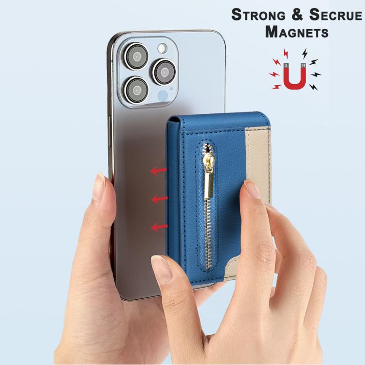 BFK31 Colorblock Zipper MagSafe Magnetic Leather Card Bag(Dark Blue) - Adhesive Card Holders by buy2fix | Online Shopping UK | buy2fix