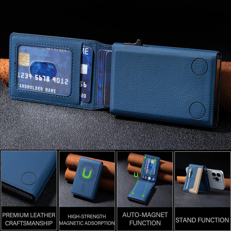 BFK31 Colorblock Zipper MagSafe Magnetic Leather Card Bag(Dark Blue) - Adhesive Card Holders by buy2fix | Online Shopping UK | buy2fix
