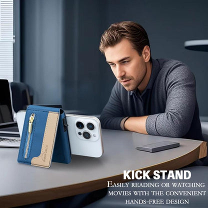 BFK31 Colorblock Zipper MagSafe Magnetic Leather Card Bag(Dark Blue) - Adhesive Card Holders by buy2fix | Online Shopping UK | buy2fix