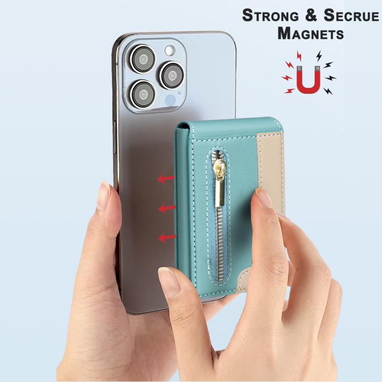 BFK31 Colorblock Zipper MagSafe Magnetic Leather Card Bag(Green) - Adhesive Card Holders by buy2fix | Online Shopping UK | buy2fix