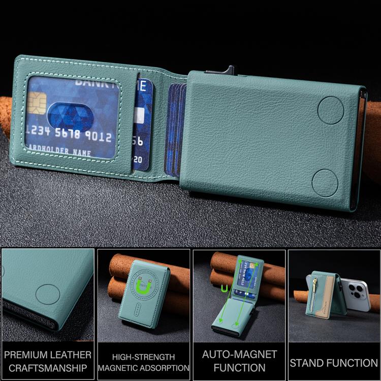 BFK31 Colorblock Zipper MagSafe Magnetic Leather Card Bag(Green) - Adhesive Card Holders by buy2fix | Online Shopping UK | buy2fix