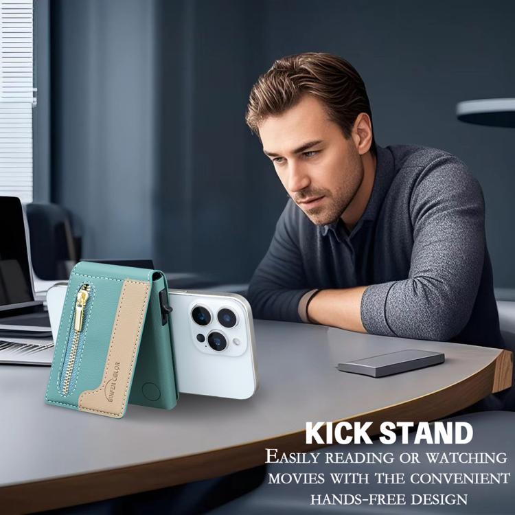 BFK31 Colorblock Zipper MagSafe Magnetic Leather Card Bag(Green) - Adhesive Card Holders by buy2fix | Online Shopping UK | buy2fix