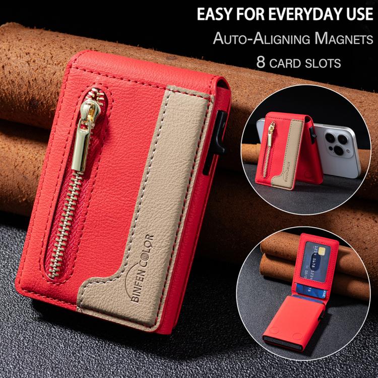 BFK31 Colorblock Zipper MagSafe Magnetic Leather Card Bag(Red) - Adhesive Card Holders by buy2fix | Online Shopping UK | buy2fix